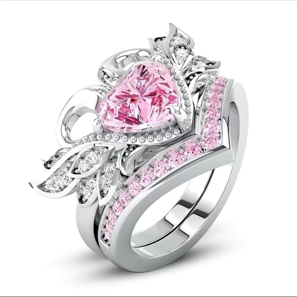 New! Beautiful 2 Piece Swan Engagement Ring Pink Silver Diamond Simulated Size 9